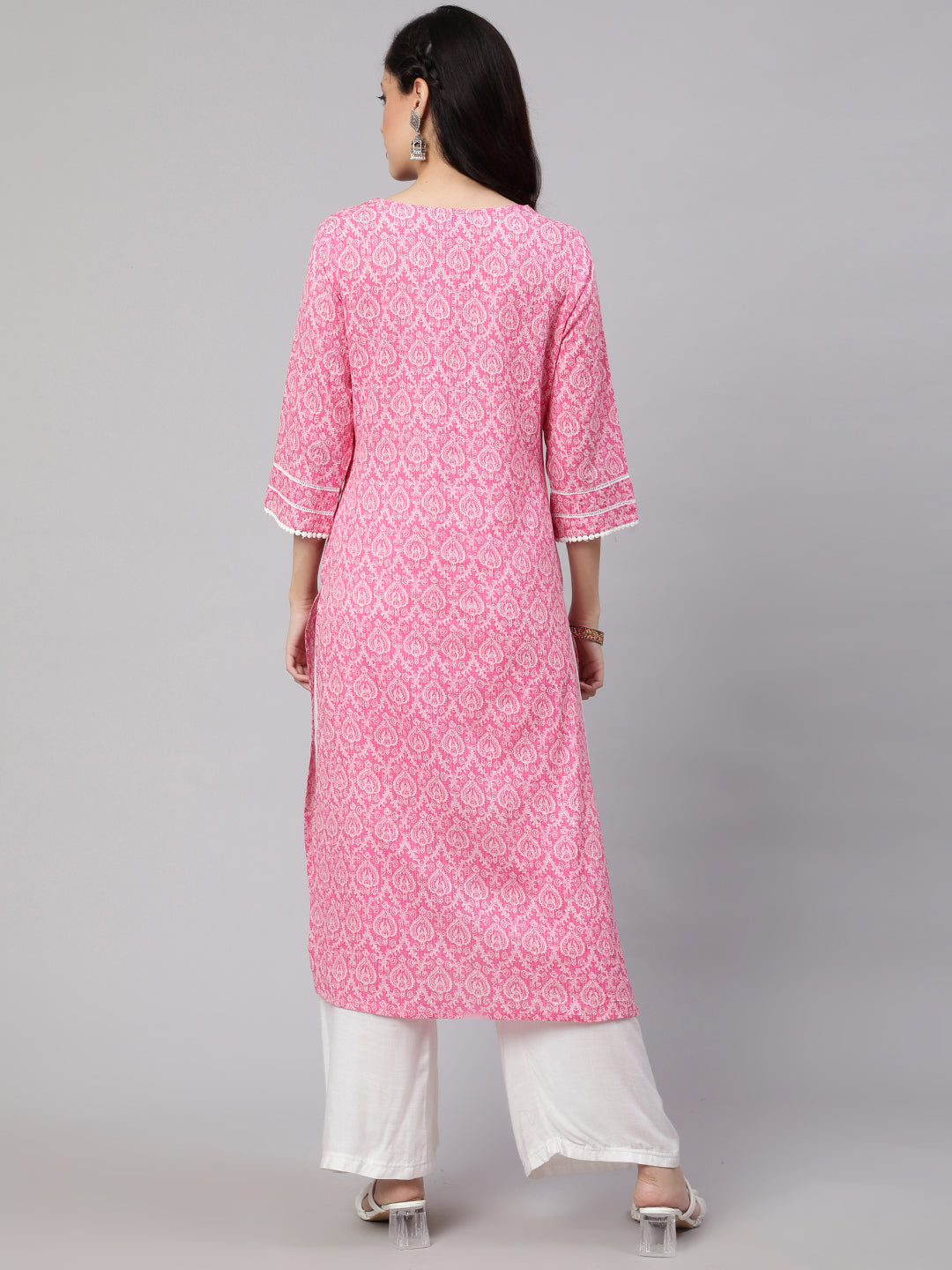 Women's Pink Printed straight kurta with three quarter sleeves - Nayo Clothing