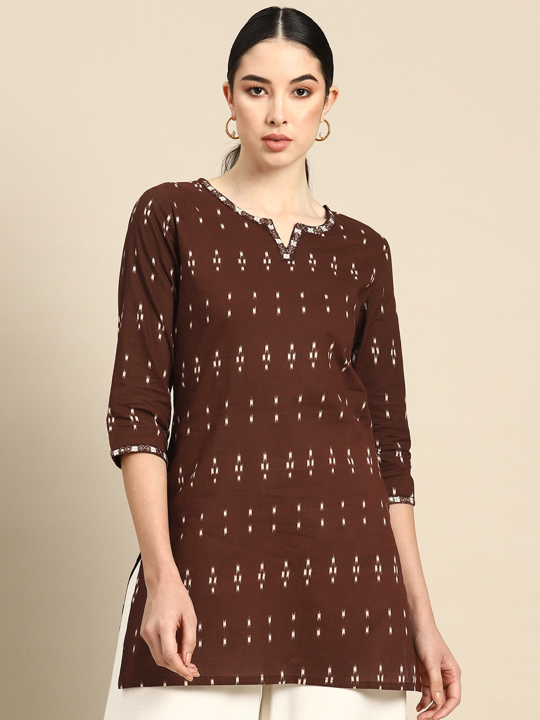 Women's Brown Embroidered Ikat Printed Straight Tunic - Nayo Clothing