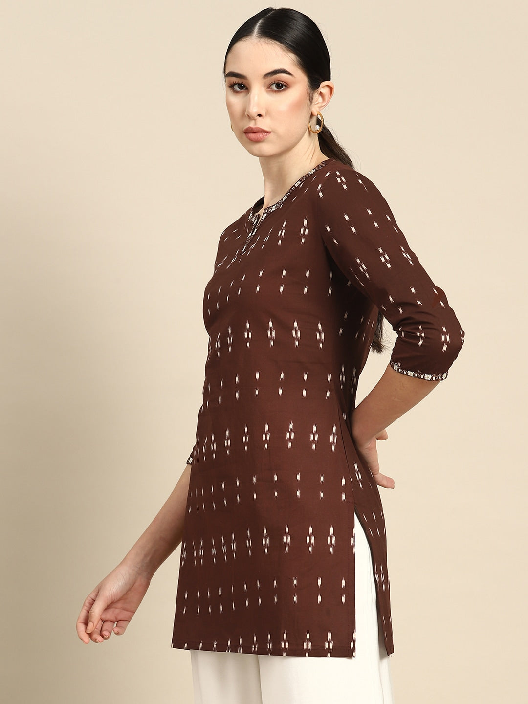 Women's Brown Embroidered Ikat Printed Straight Tunic - Nayo Clothing