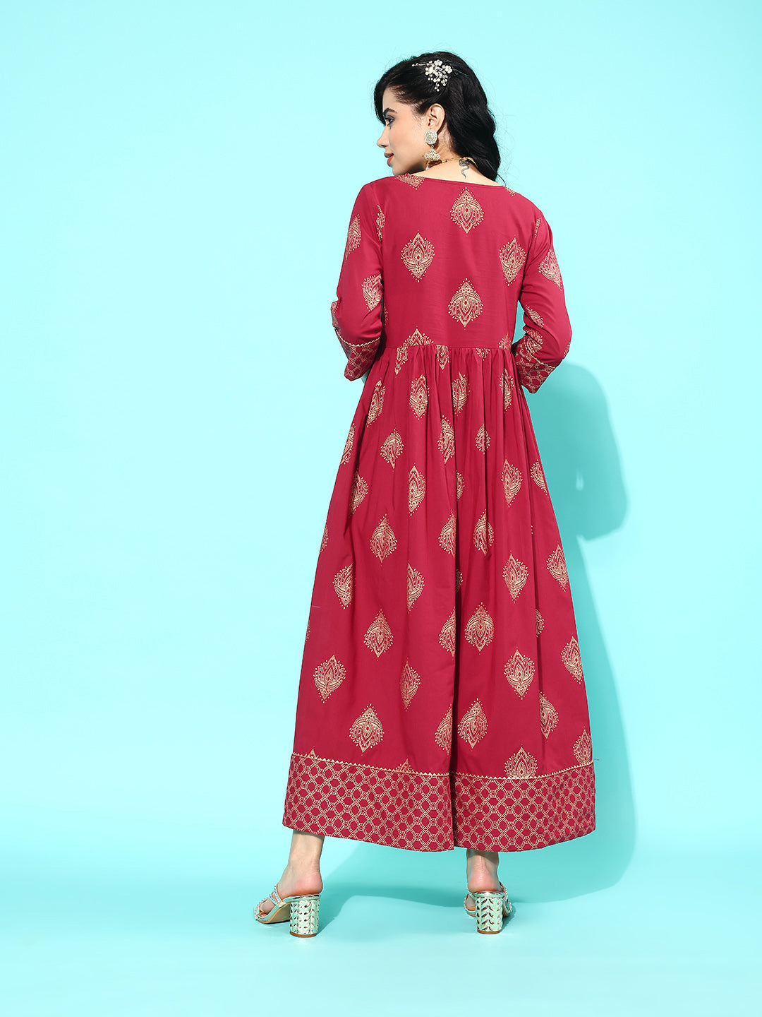 Women's Wome Maroon Ethnic Printed Flared Dress With Three Quarter sleeves - Nayo Clothing