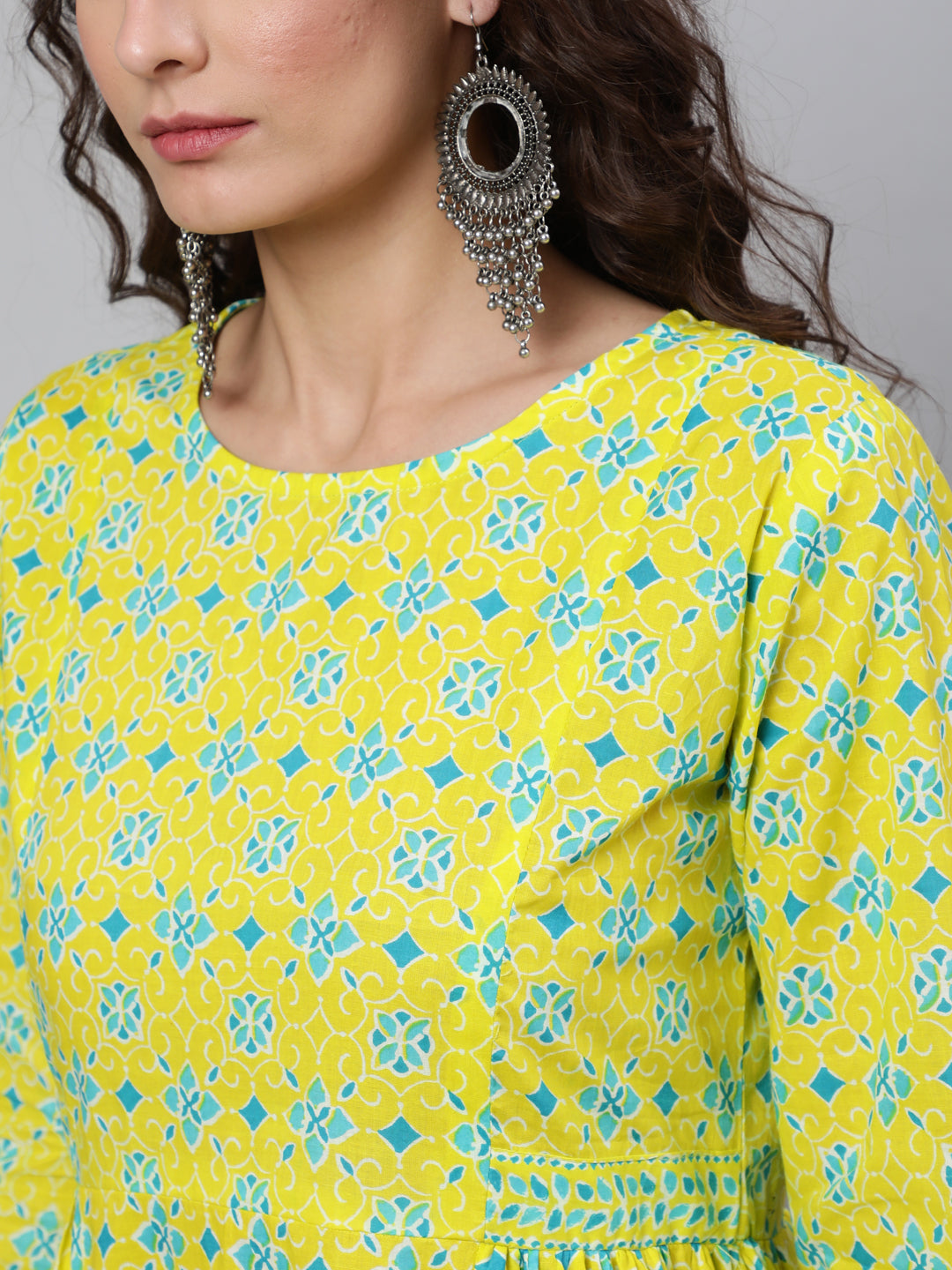 Women's Wome Yellow Ethnic Printed Flared Dress With Three Quarter sleeves - Nayo Clothing