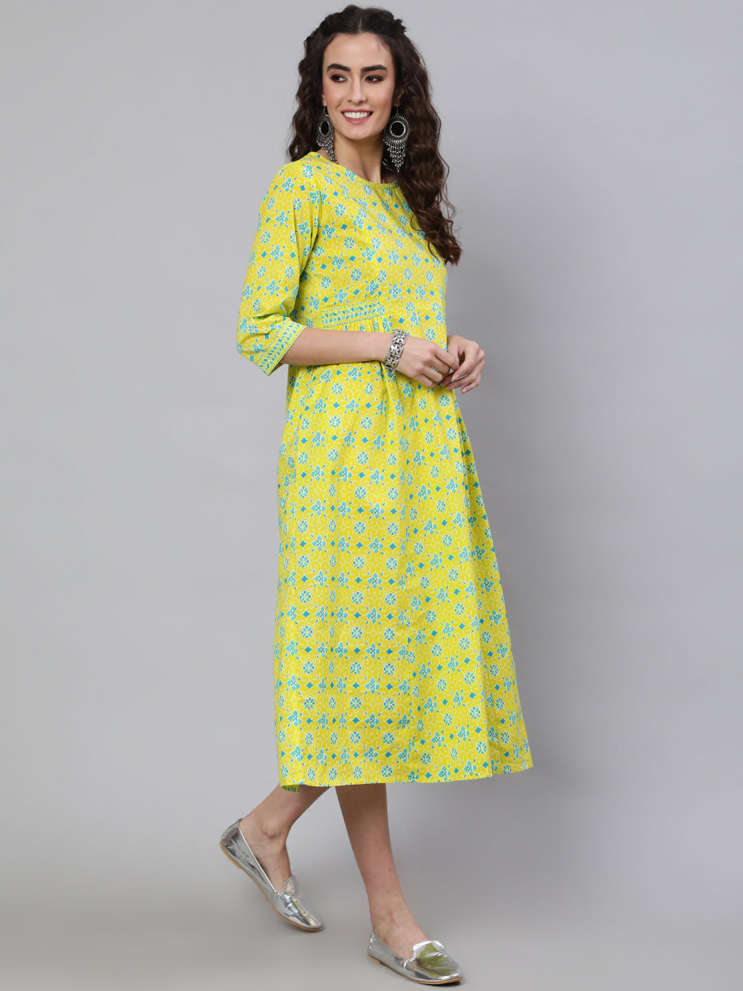 Women's Wome Yellow Ethnic Printed Flared Dress With Three Quarter sleeves - Nayo Clothing