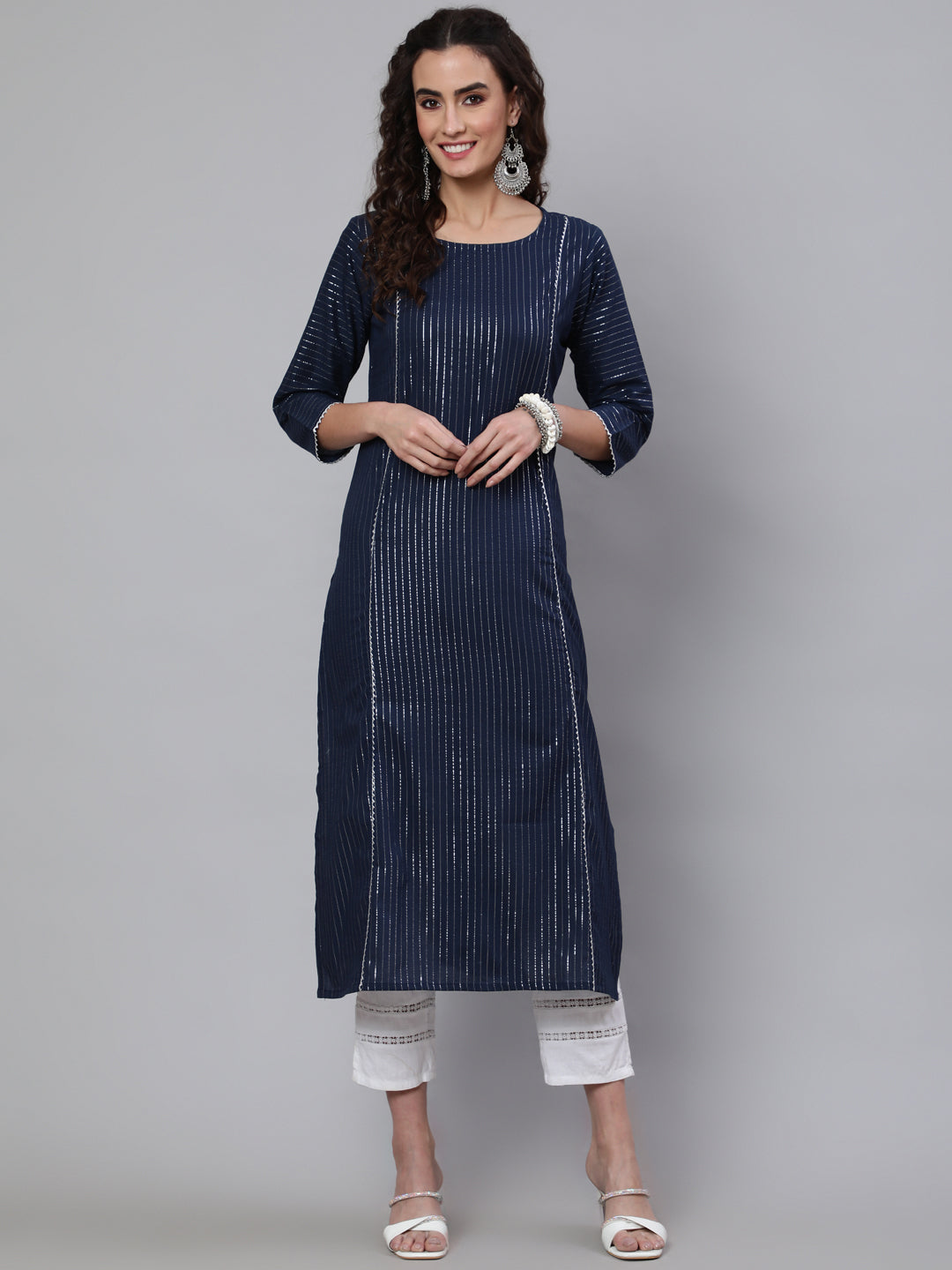 Women's Navy Blue Striped Lurex Straight Kurta with Three Quarter Sleeves - Nayo Clothing