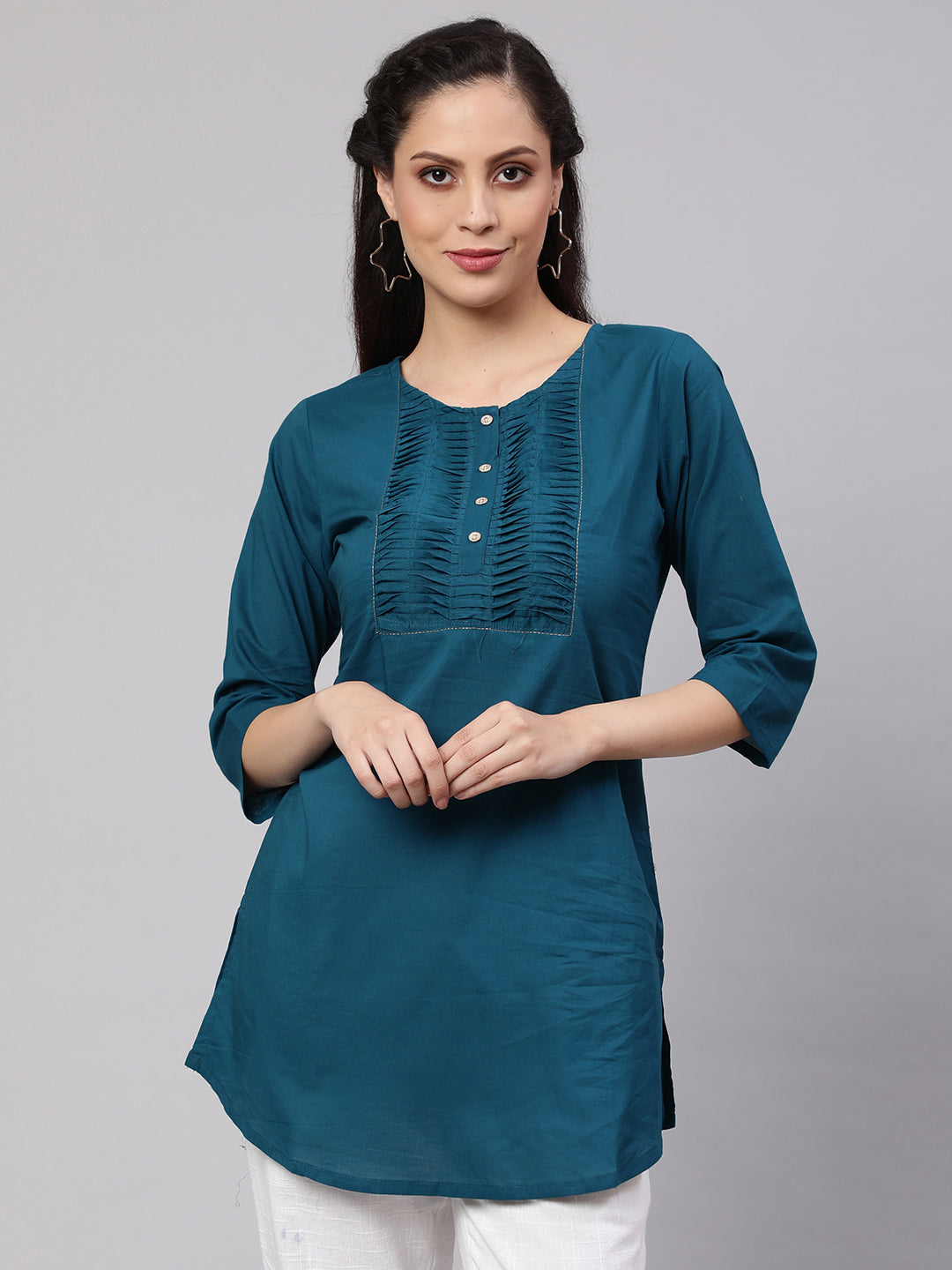 Women's Teal Blue Straight Tunic With Three Quaretr Sleeves - Nayo Clothing