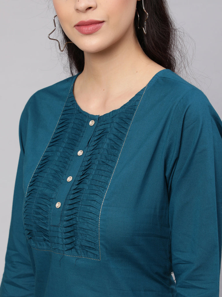 Women's Teal Blue Straight Tunic With Three Quaretr Sleeves