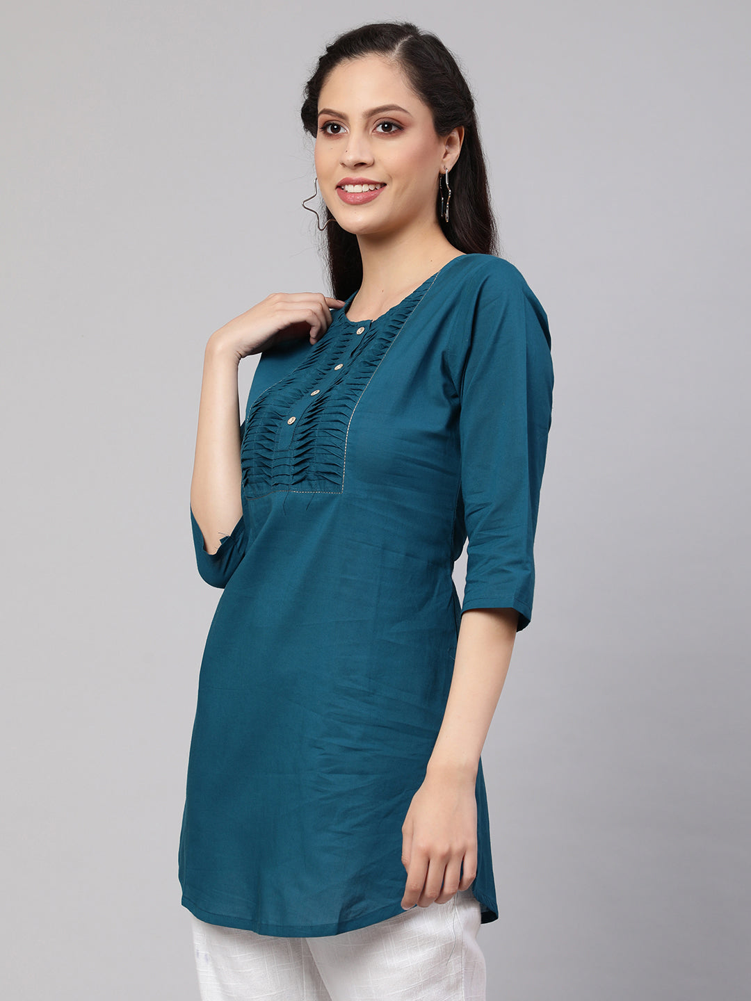Women's Teal Blue Straight Tunic With Three Quaretr Sleeves - Nayo Clothing