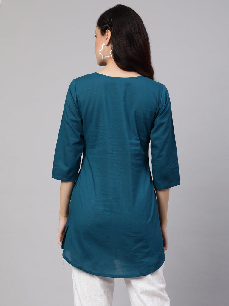 Women's Teal Blue Straight Tunic With Three Quaretr Sleeves