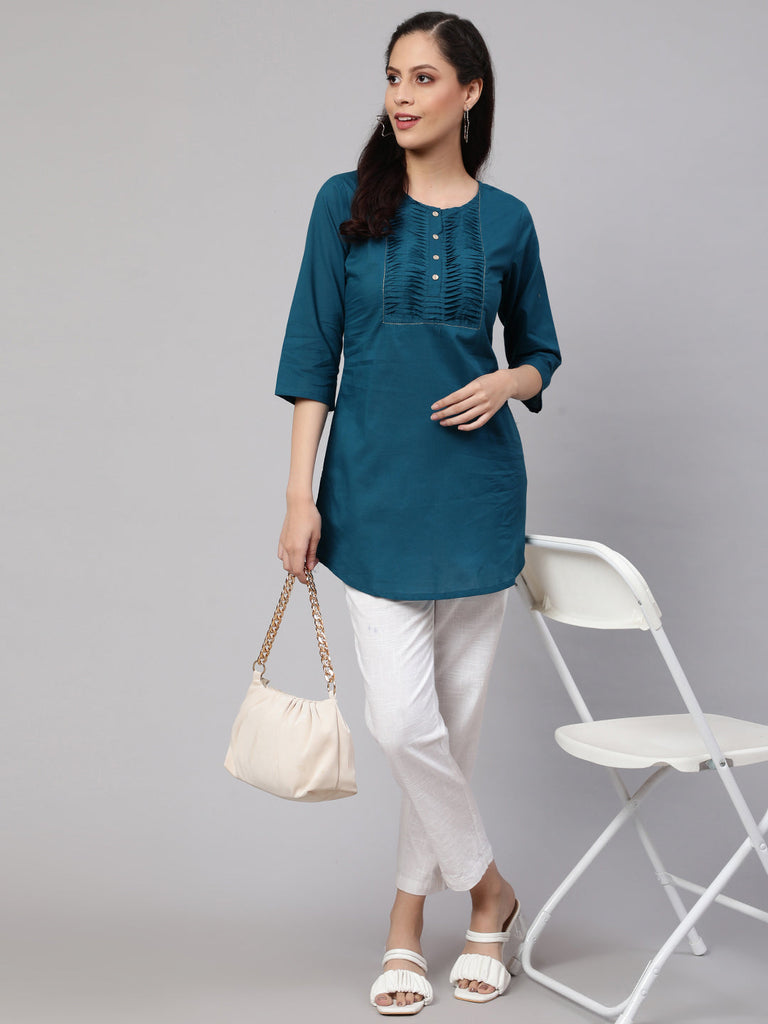 Women's Teal Blue Straight Tunic With Three Quaretr Sleeves