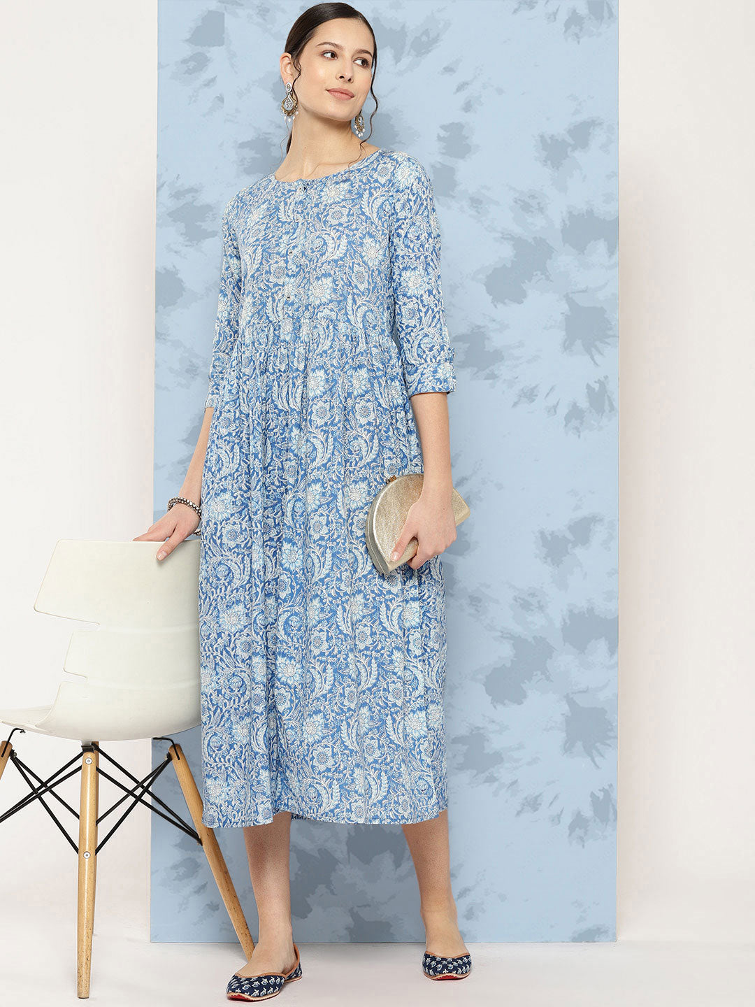 Women's Wome Blue Printed Flared Dress With Three quarter Sleeves - Nayo Clothing