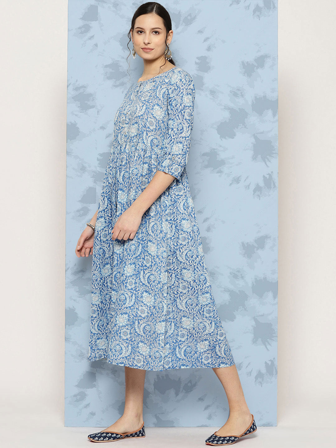 Women's Wome Blue Printed Flared Dress With Three quarter Sleeves - Nayo Clothing