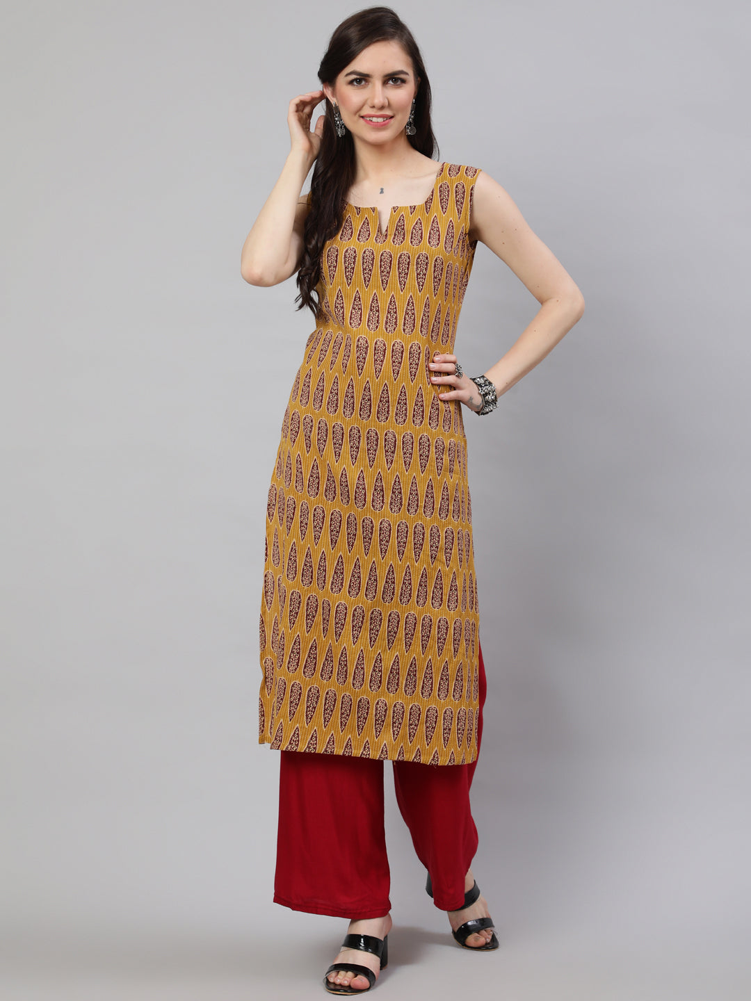 Women's Wome Mustrad Printed Straight Sleeveless Kurta - Nayo Clothing