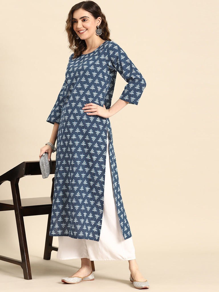 Women's Blue Ethnic Printed Straight Kurta with Three Quarter Sleeves