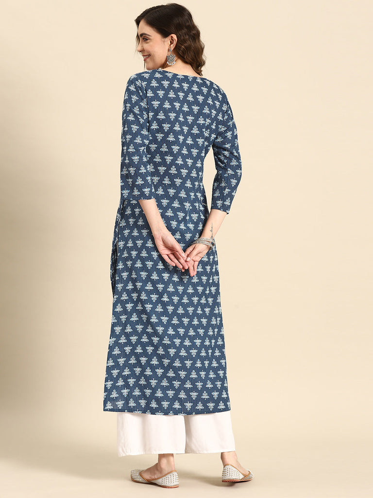 Women's Blue Ethnic Printed Straight Kurta with Three Quarter Sleeves