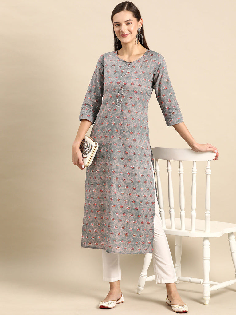 Women's Grey Ethnic Printed Straight Kurta With Three Quarter Sleeves