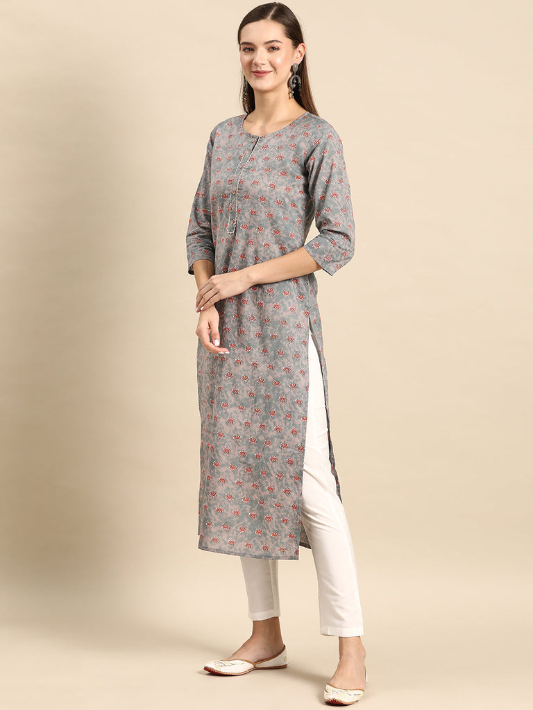 Women's Grey Ethnic Printed Straight Kurta With Three Quarter Sleeves