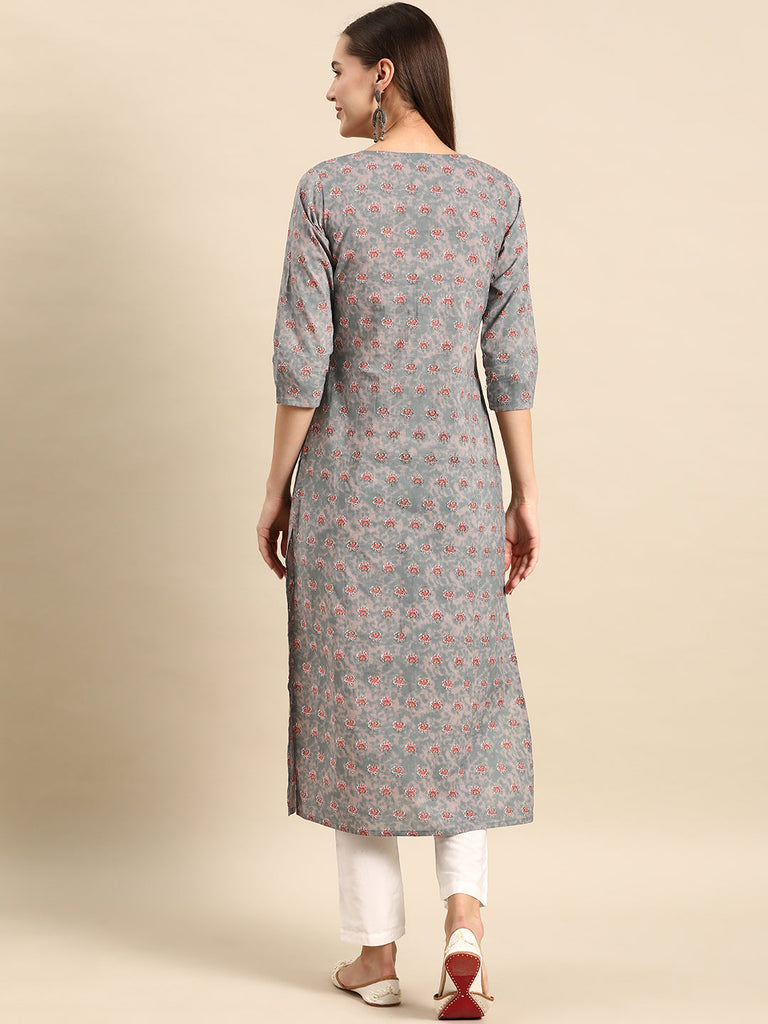 Women's Grey Ethnic Printed Straight Kurta With Three Quarter Sleeves