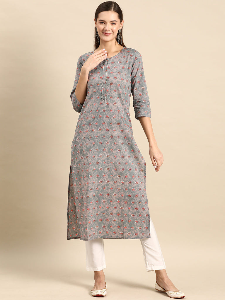 Women's Grey Ethnic Printed Straight Kurta With Three Quarter Sleeves