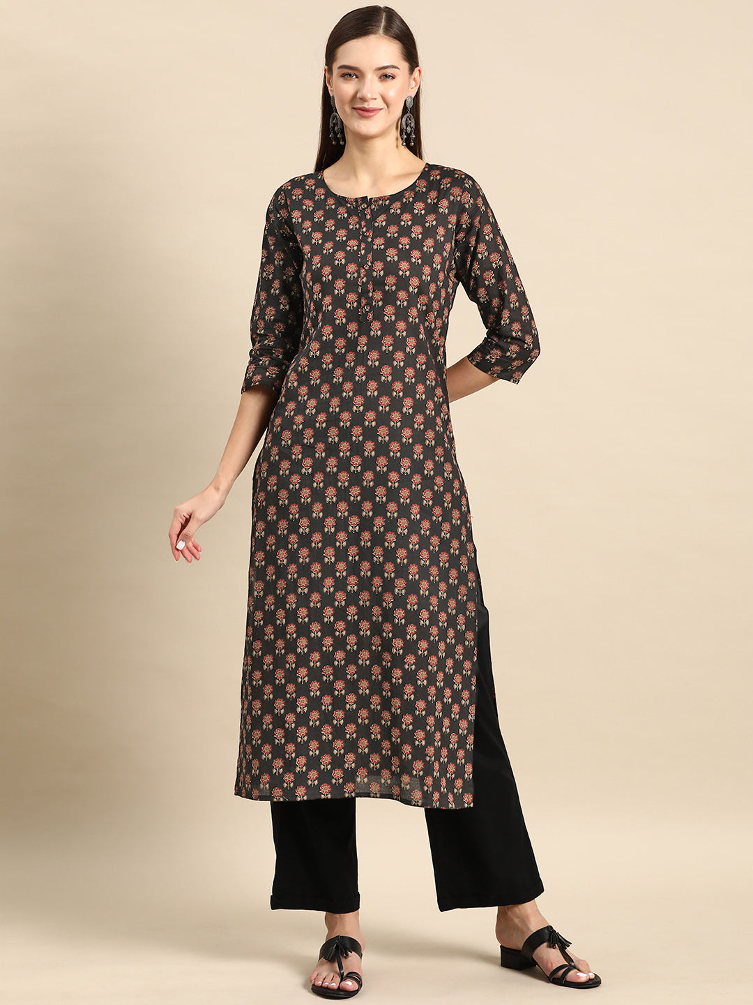 Women's Black Printed straight Kurta With three qurter sleeves - Nayo Clothing