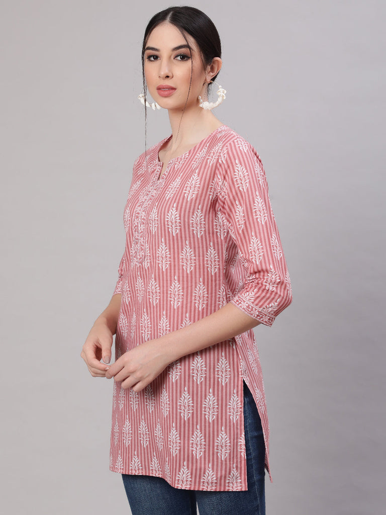 Women's Pink Straight Tunic With Three Quaretr Sleeves