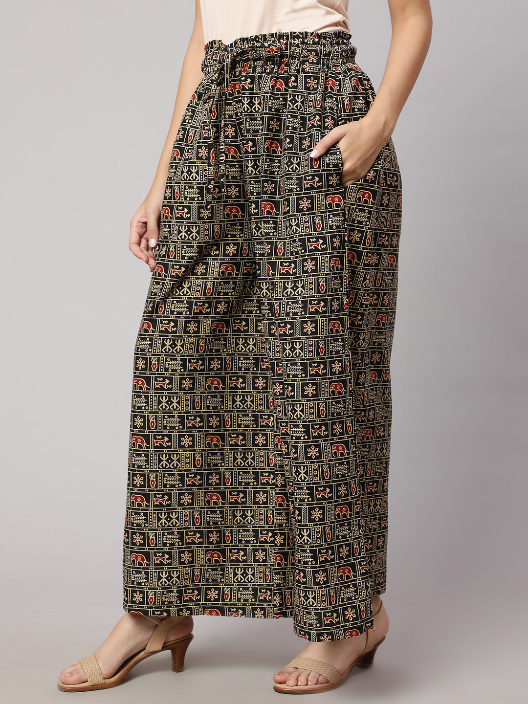 Women's Black Printed Wide Legged Printed Plazzo With Side Pockets - Nayo Clothing