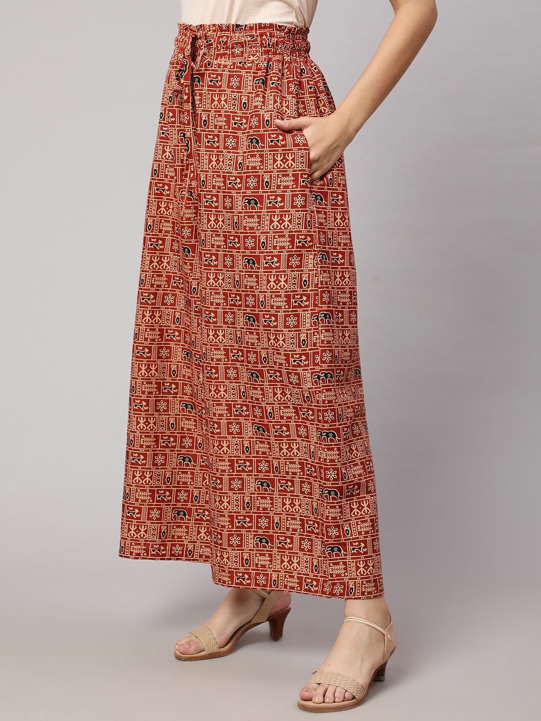 Women's Rust Printed Wide Legged Printed Plazzo With Side Pockets - Nayo Clothing