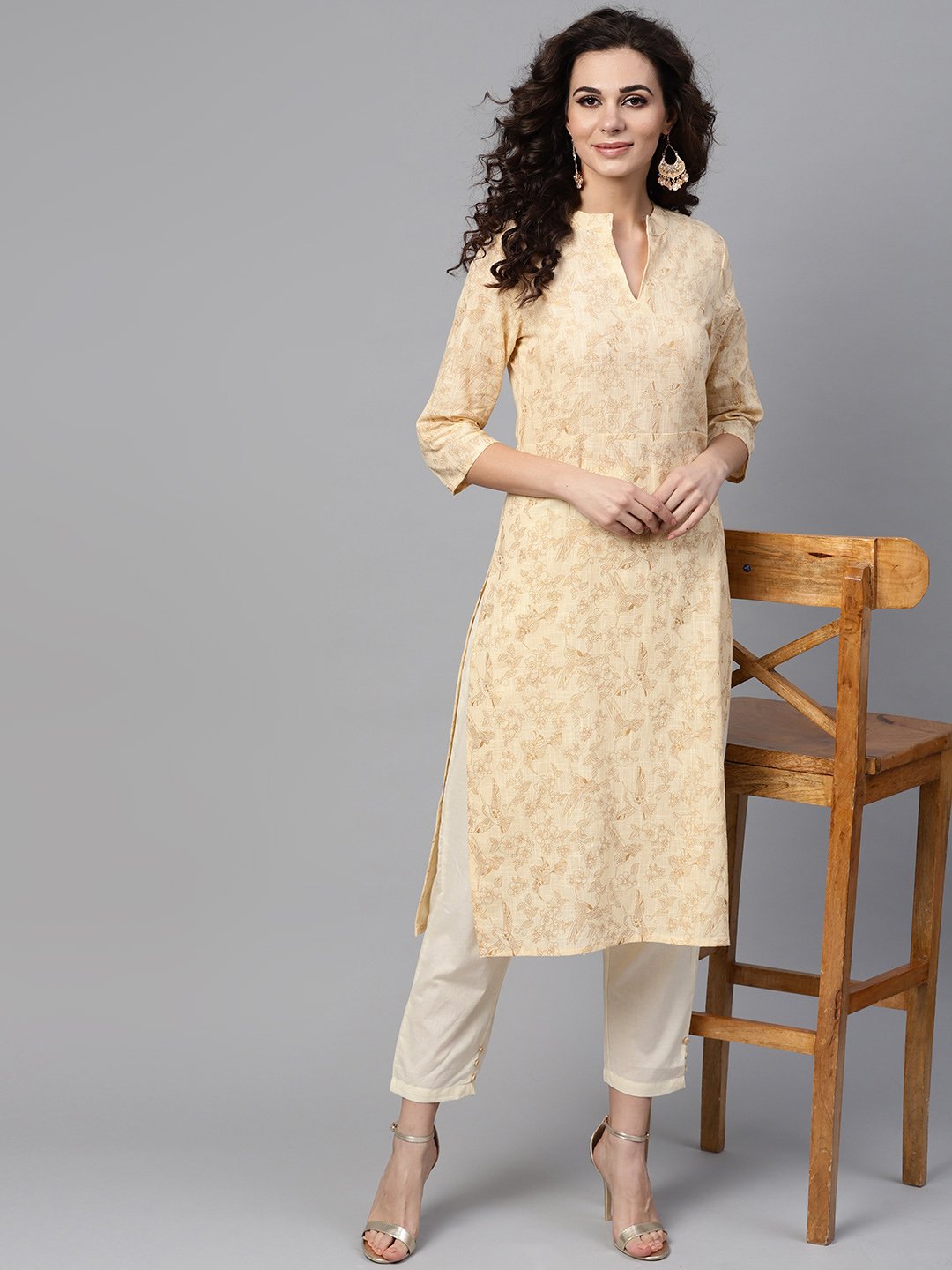 Women's Cream & Gold Floral Printed Kurta Set With Solid Cream Pants - Nayo Clothing