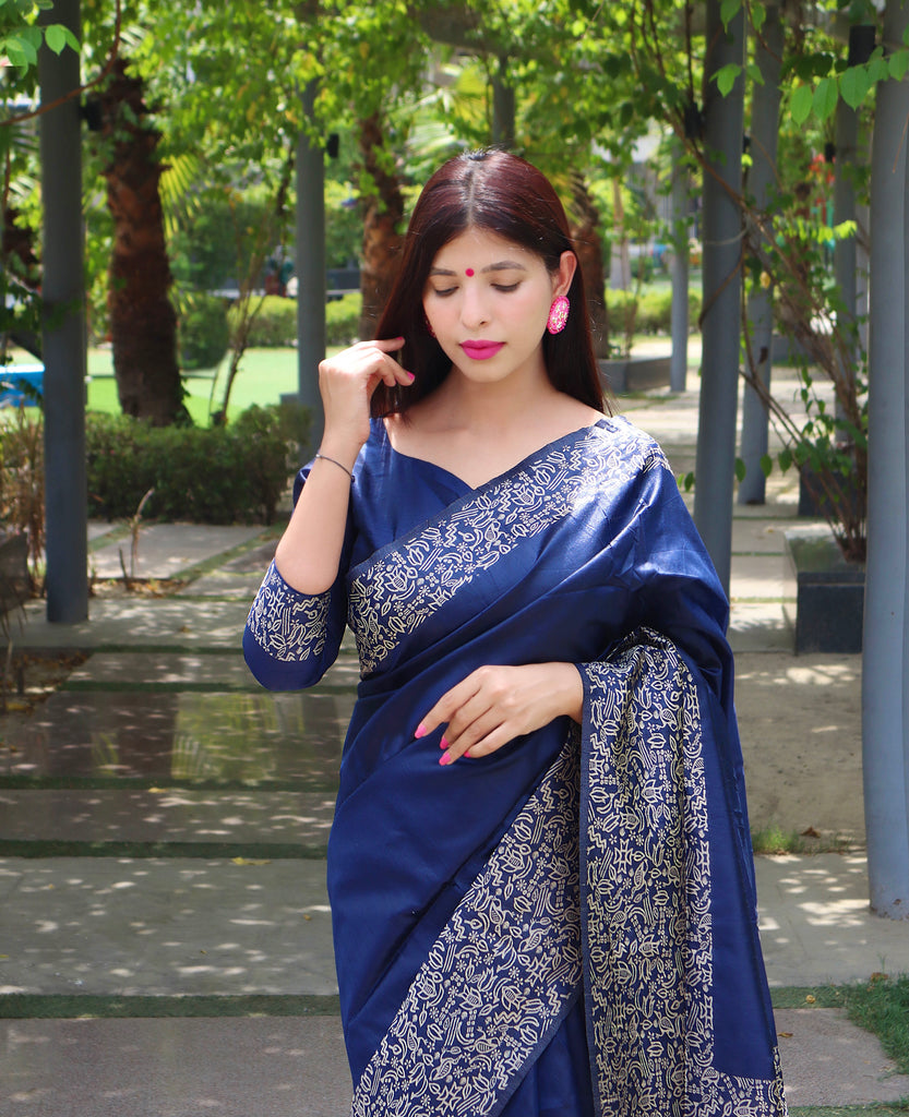 Women's Blue Woven Handloom Raw Silk Saree With Tassels