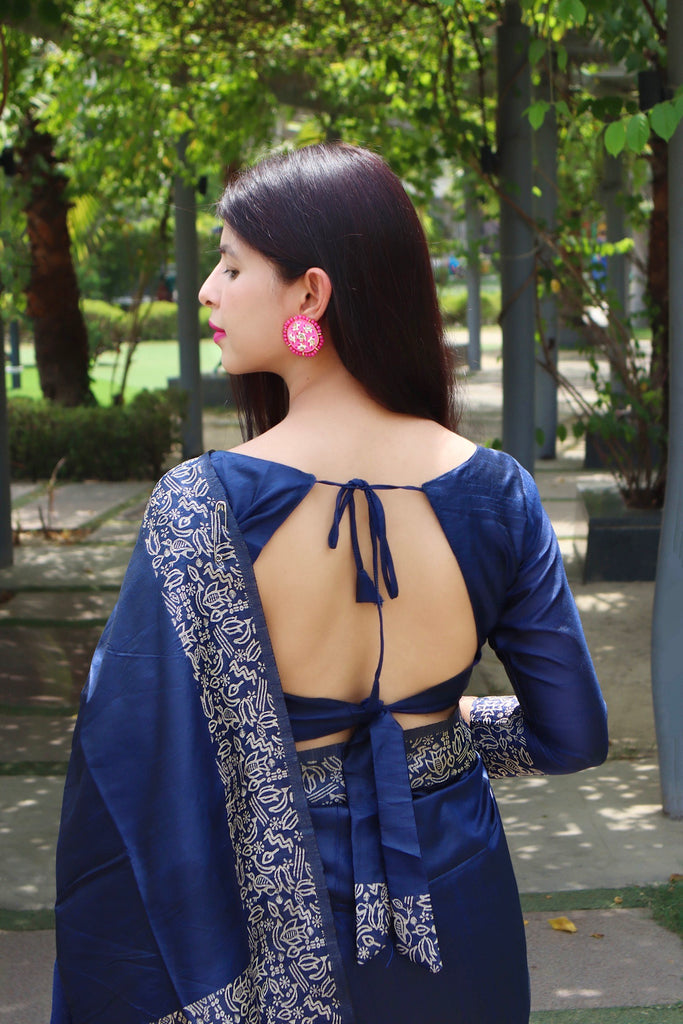 Women's Blue Woven Handloom Raw Silk Saree With Tassels