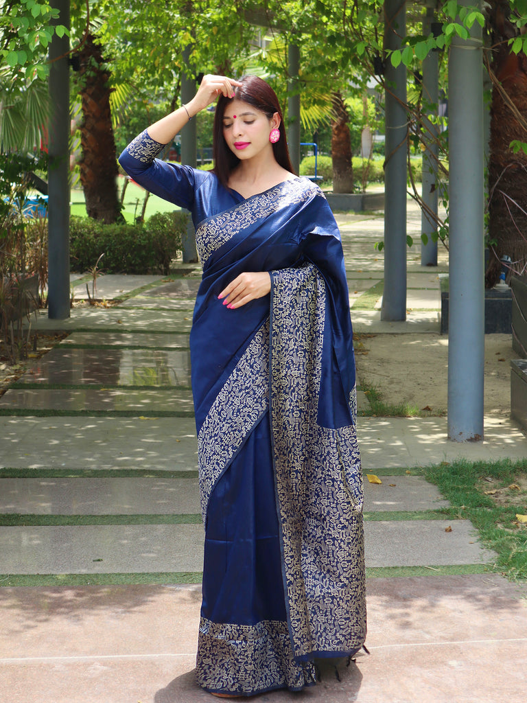 Women's Blue Woven Handloom Raw Silk Saree With Tassels