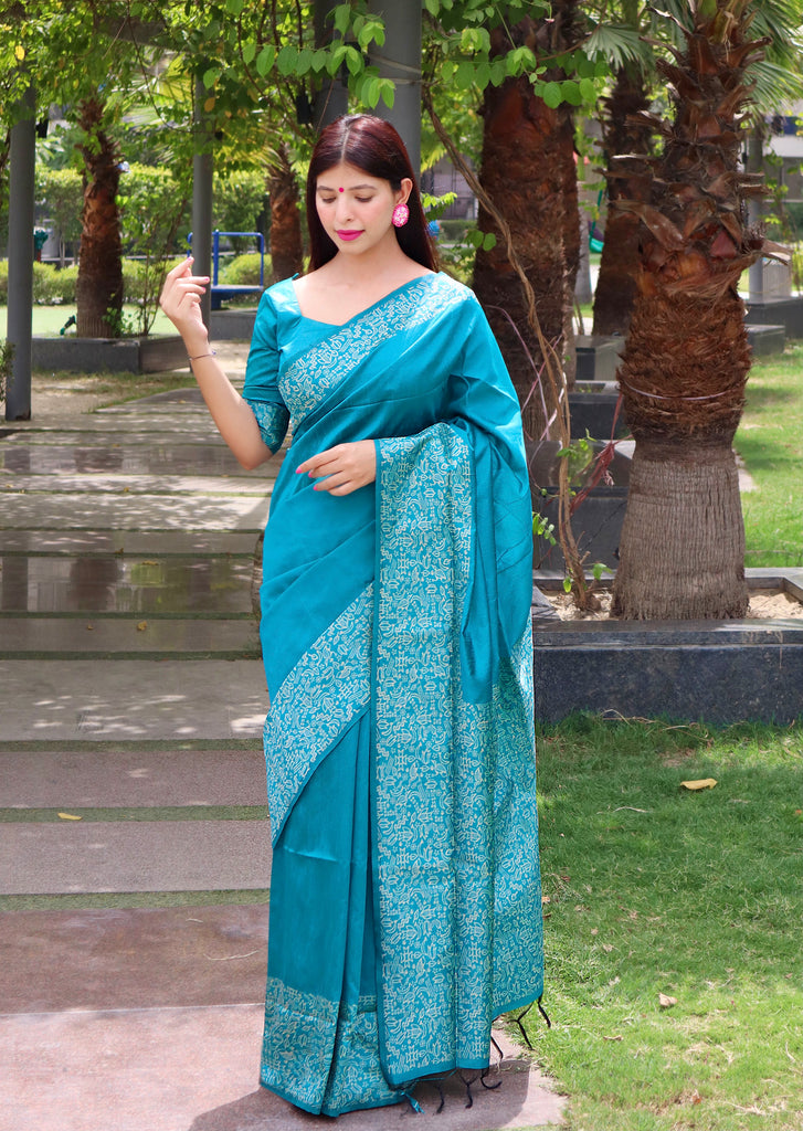 Women's Firozi Woven Handloom Raw Silk Saree With Tassels