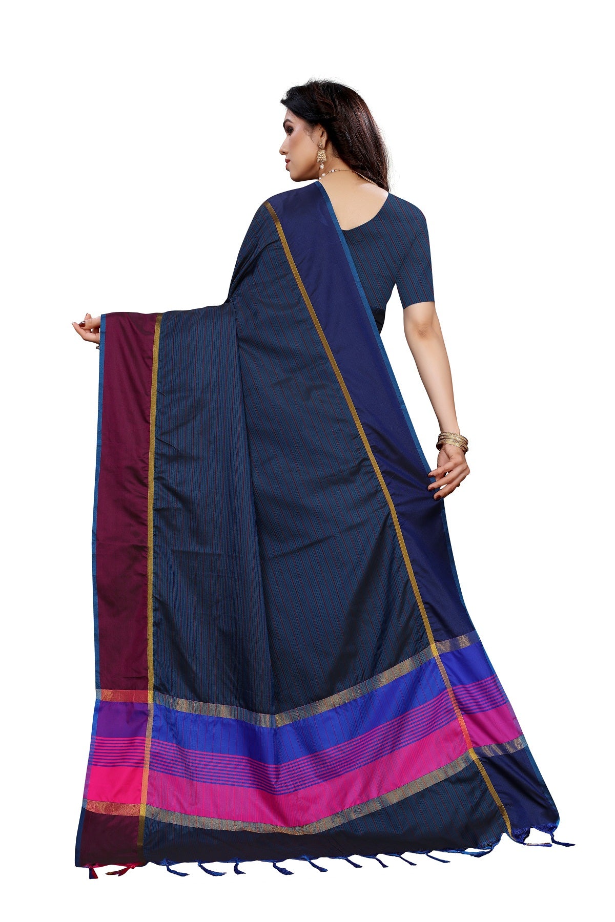 Women's Navy Cotton Silk Weaving Saree - Vamika