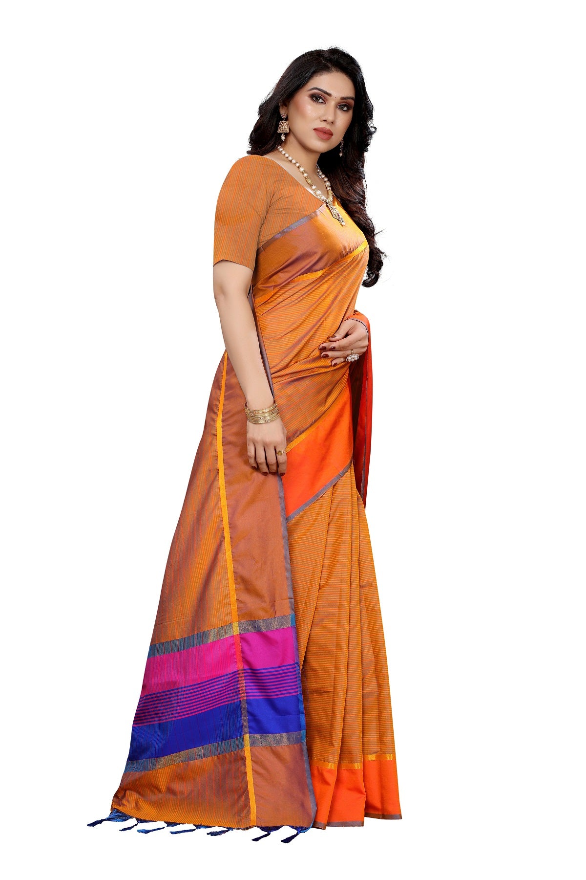 Women's Orange Cotton Silk Weaving Saree - Vamika