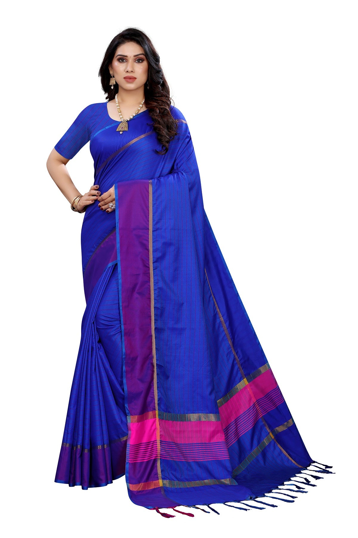 Women's Royal Blue Cotton Silk Weaving Saree - Vamika