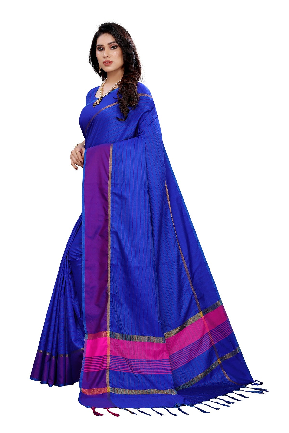 Women's Royal Blue Cotton Silk Weaving Saree - Vamika