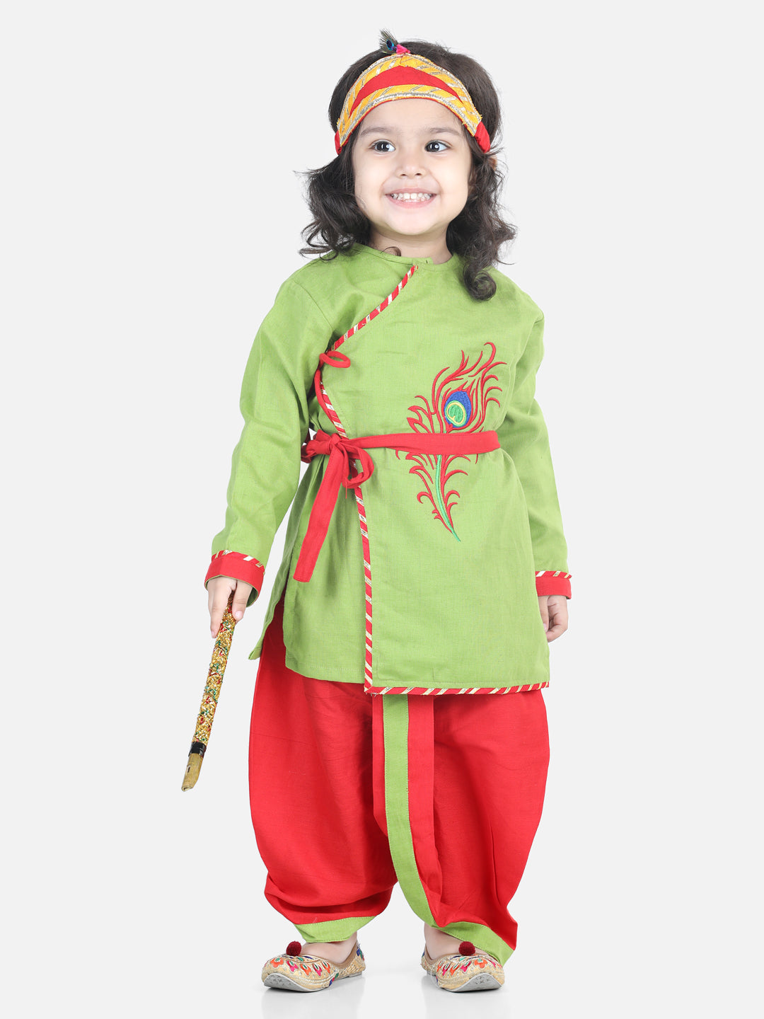Boy's Green Color Cotton Embroidery Kanhaiya Dhoti Kurta  with Mukut Sets - NOZ2TOZ KIDS