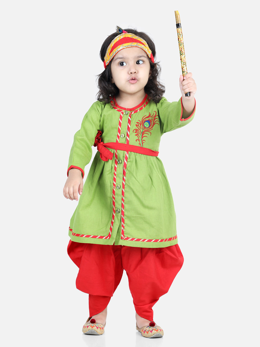 Girl's Green Color Cotton Embroidery Radha Top Dhoti with Mukut Sets - NOZ2TOZ KIDS