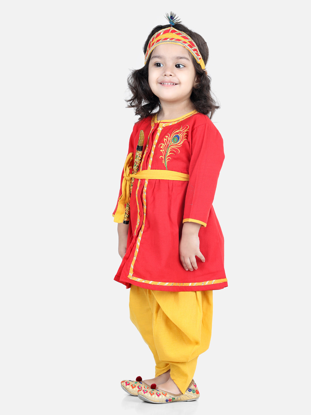 Girl's Red Color Cotton Embroidery Radha Top Dhoti with Mukut Sets - NOZ2TOZ KIDS