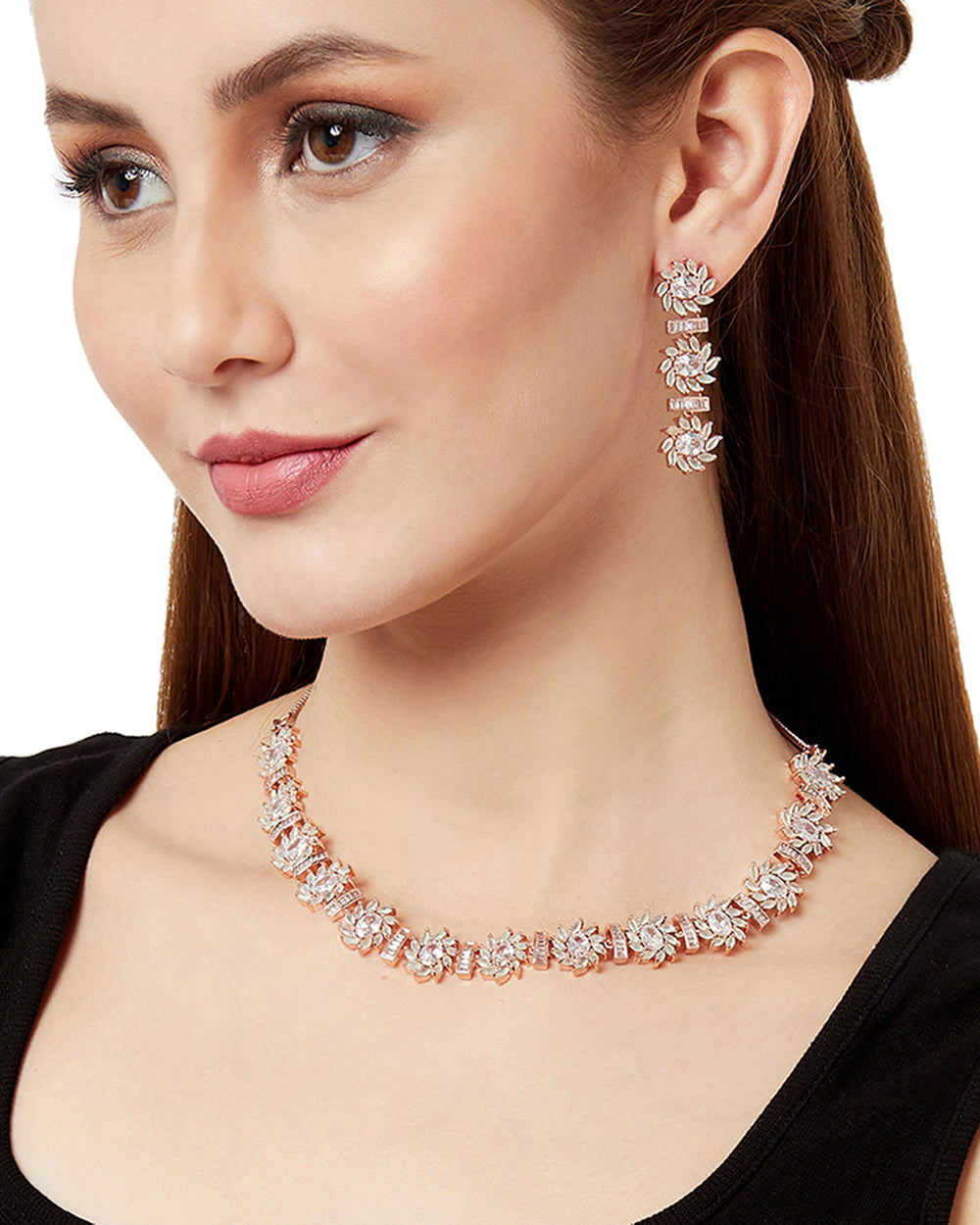 Women's Rose Gold Plated Sparkling Elegance Cz Gems Necklace Set - Voylla