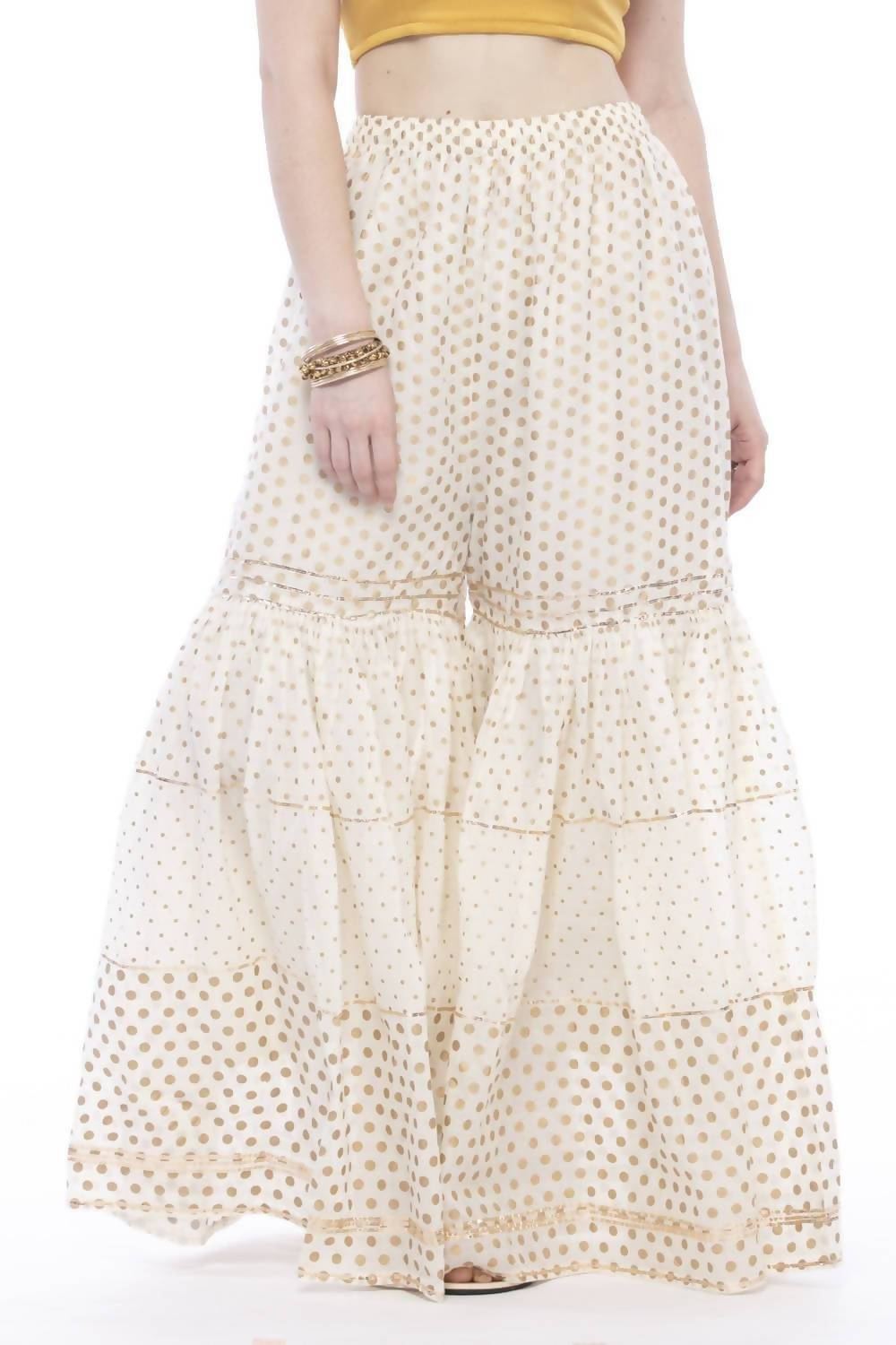 Women's Trendy Cotton Off White Gold Print With Gota Sharara Mfp021 - Moeza