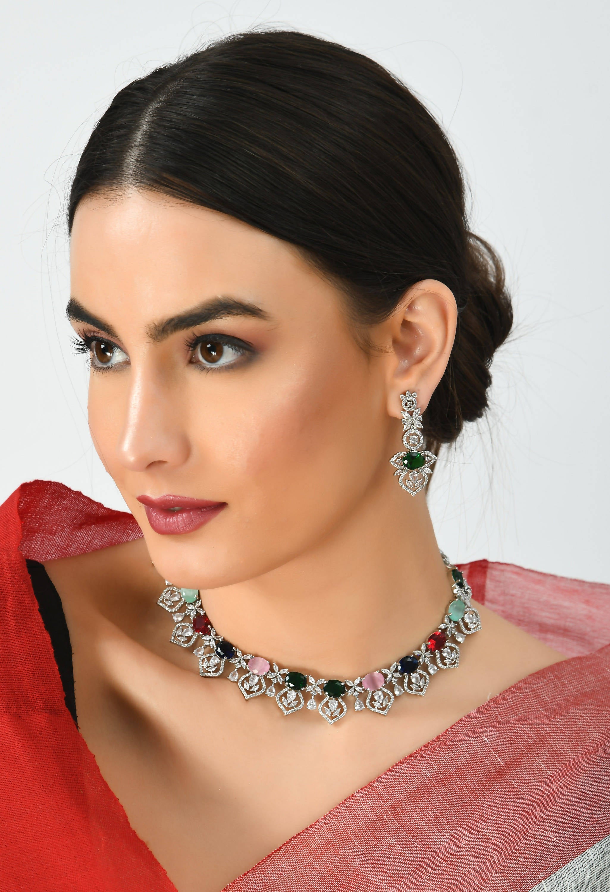 Kamal Johar American Diamond Silver-Plated Multi Stone Jewellery Set Jkms_083