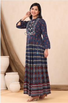 Women's Indigo Rayon Printed Flared Dress - Juniper