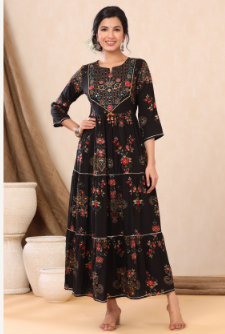 Women's Black Rayon Printed Flared Dress - Juniper