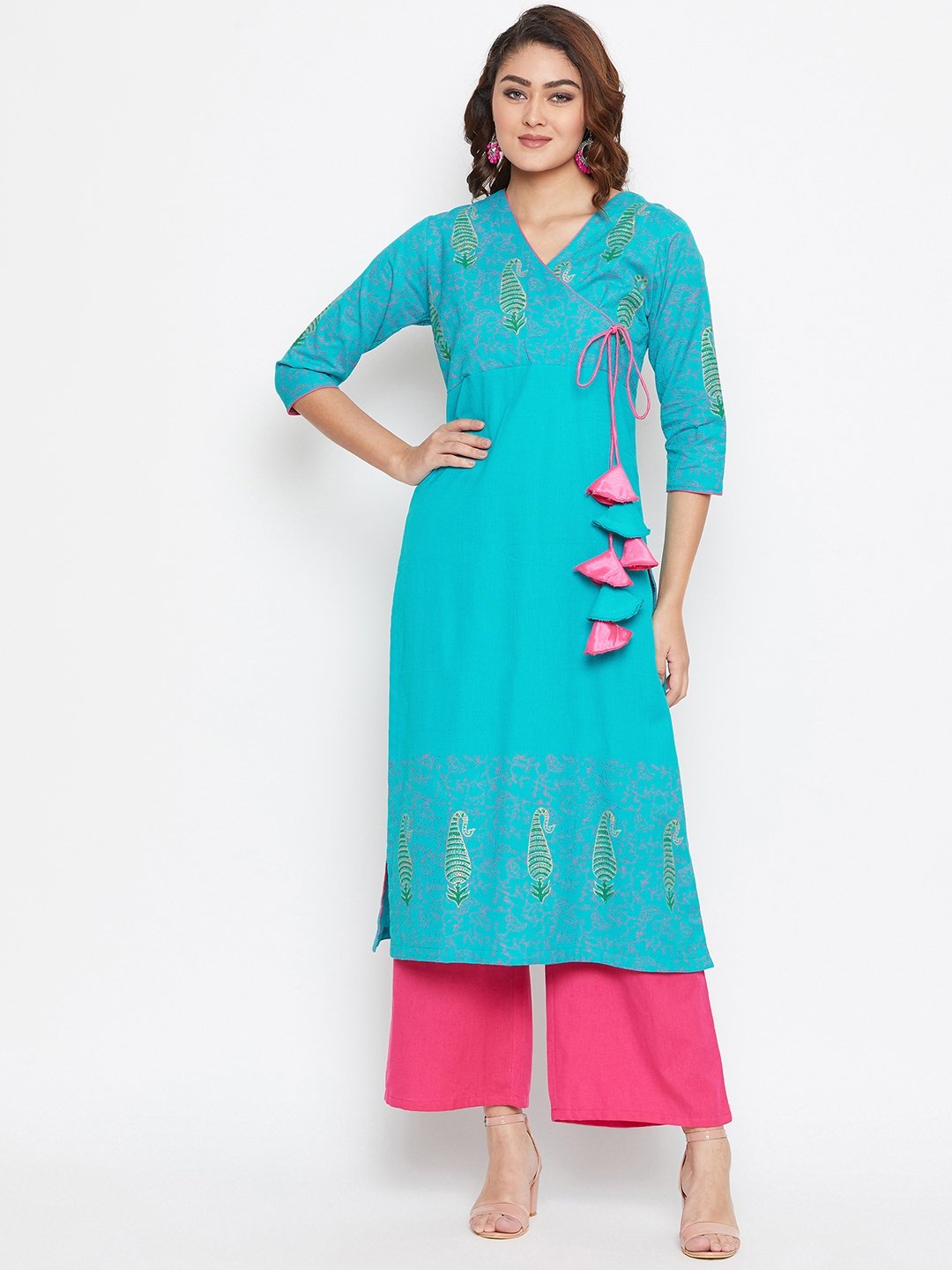 Women's Angrakha Block Printed Kurta Palazzo Set  - BitterLime