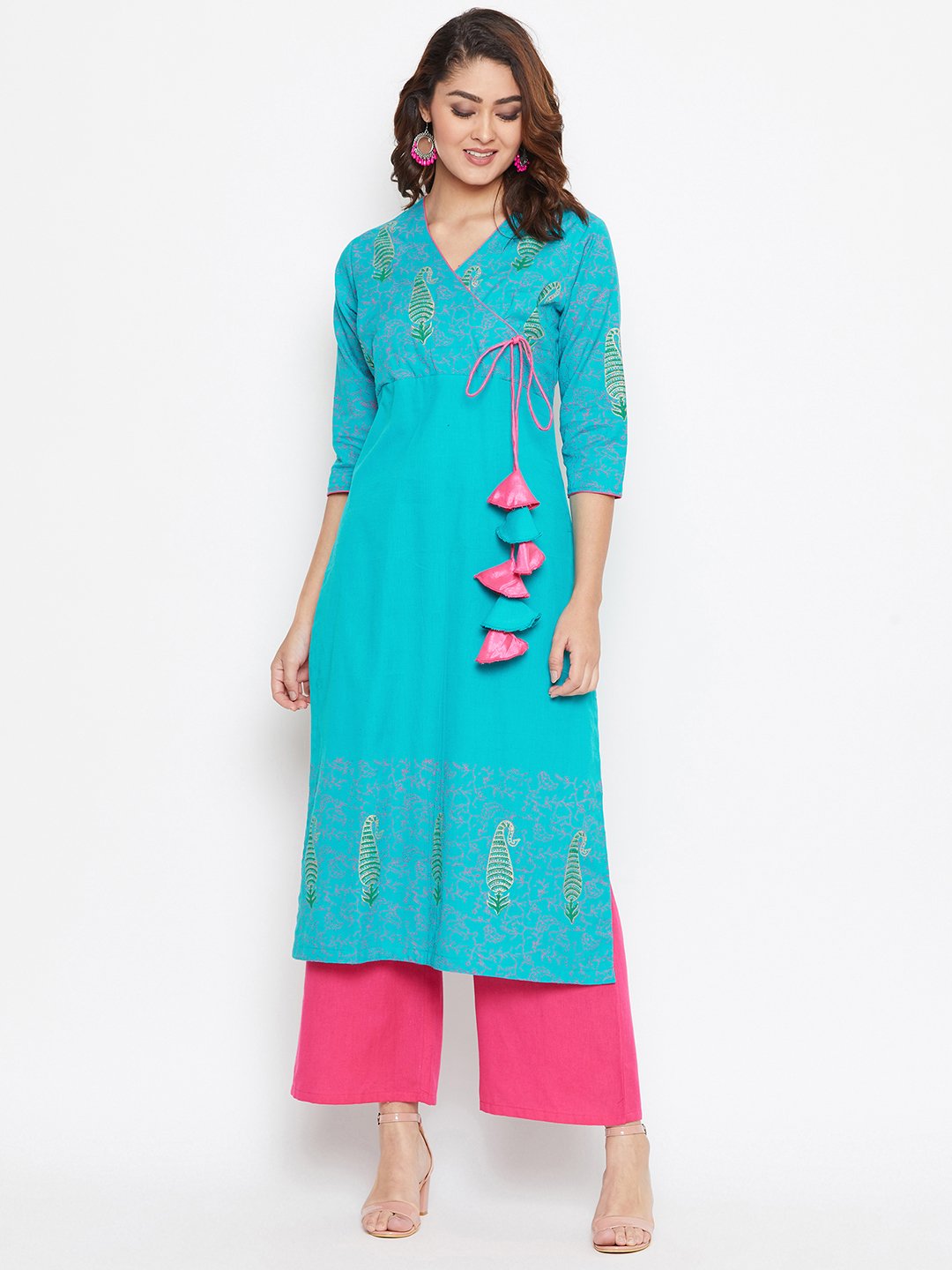 Women's Angrakha Block Printed Kurta Palazzo Set  - BitterLime