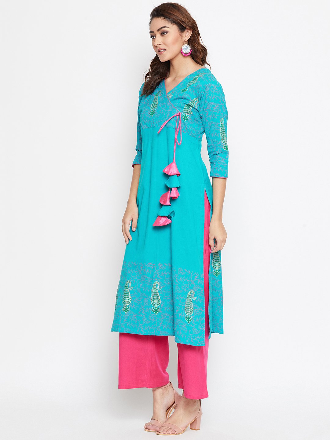 Women's Angrakha Block Printed Kurta Palazzo Set  - BitterLime