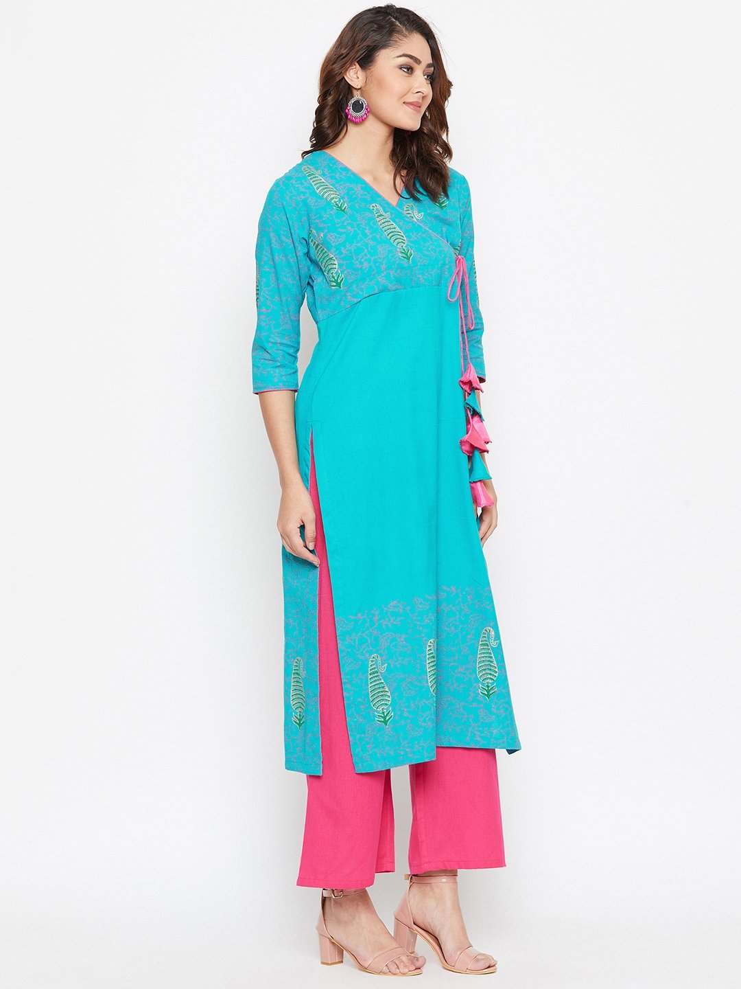 Women's Angrakha Block Printed Kurta Palazzo Set  - BitterLime