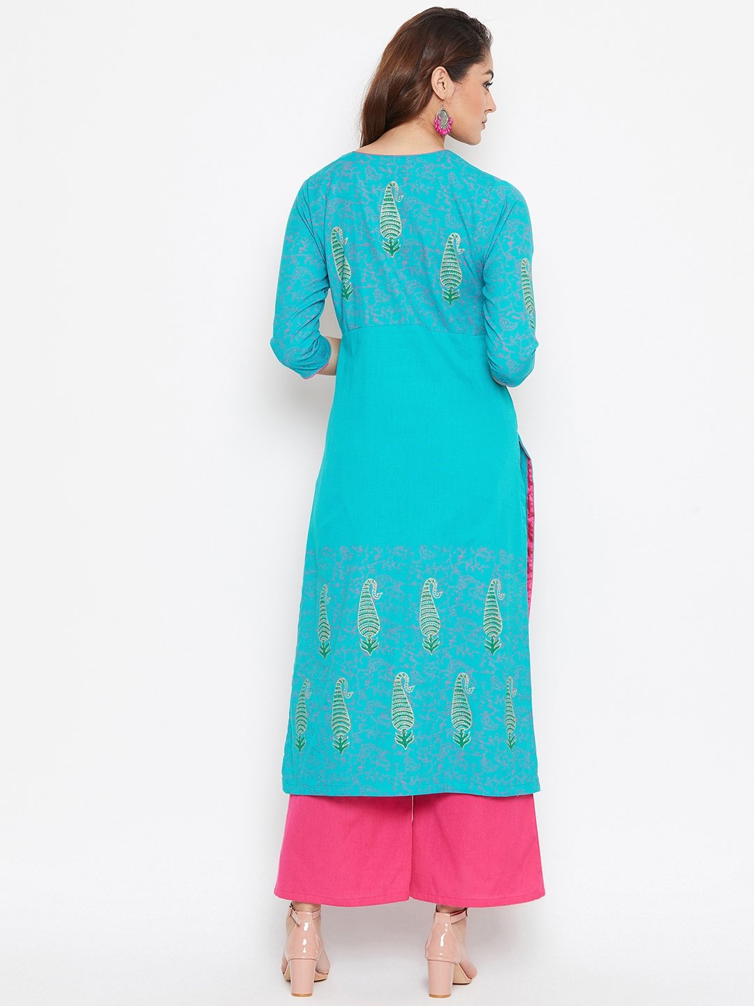 Women's Angrakha Block Printed Kurta Palazzo Set  - BitterLime