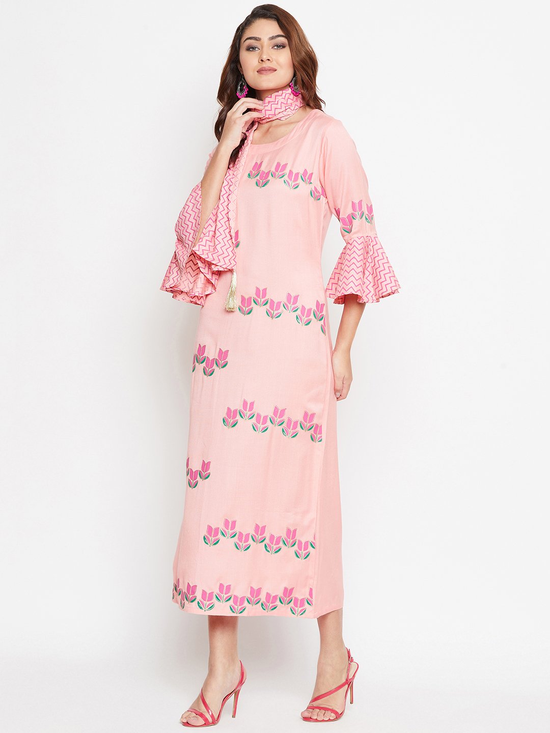 Women's Peach Block Printed Dress With Scarf  - BitterLime
