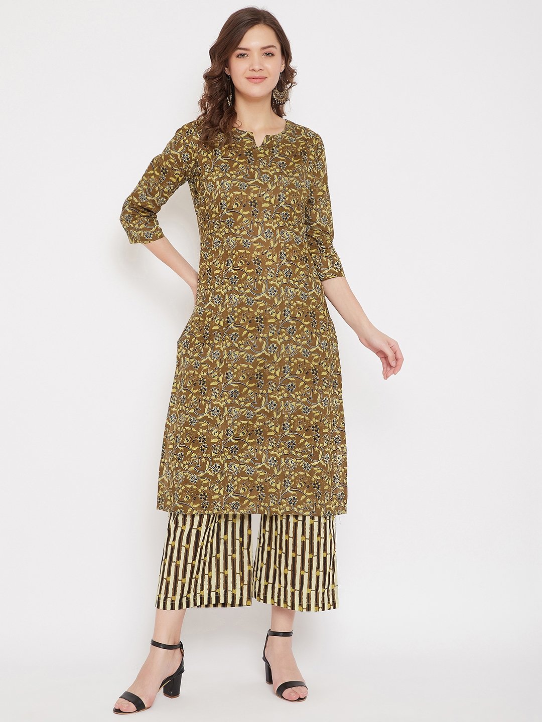 Women's Green Cotton Printed Kurta Palazzo Set - BitterLime