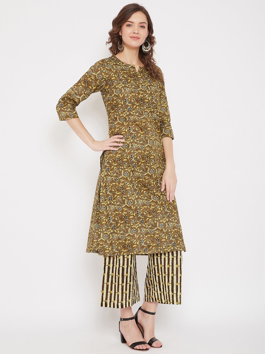 Women's Green Cotton Printed Kurta Palazzo Set - BitterLime